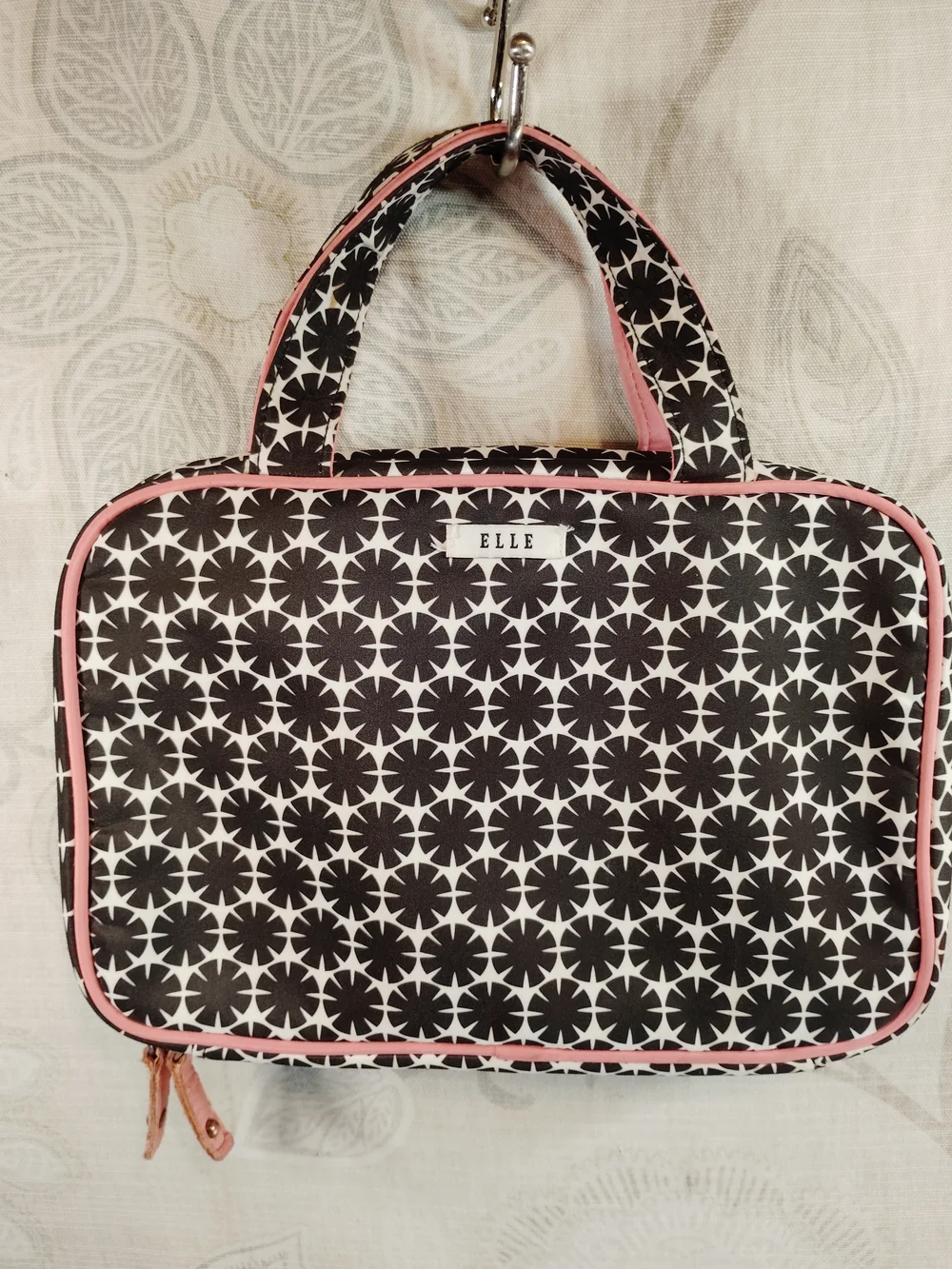 Elle Black and White Floral Cosmetic Case with Pink Trim